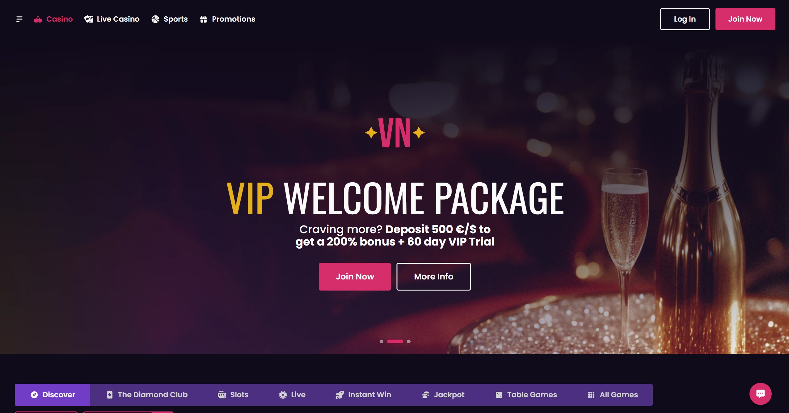 Vegas Now frontpage with 200% VIP welcome package